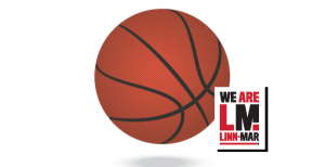 We are Linn-Mar logo in front of image of basketball