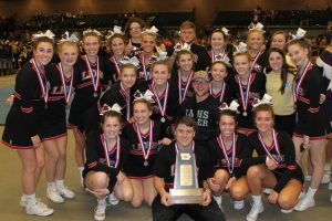 2017 Linn-Mar Competition Cheer Sqad and second place trophy