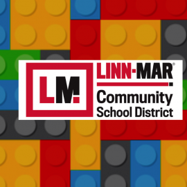 Linn Mar District logo over lego background