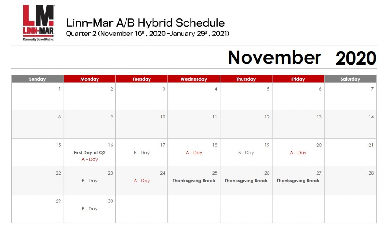 LinnMar A/B Hybrid Schedule for Q2 LinnMar Community School District